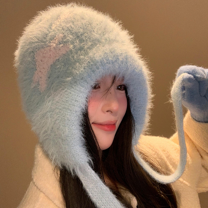 可爱星星蓝色针织毛绒帽