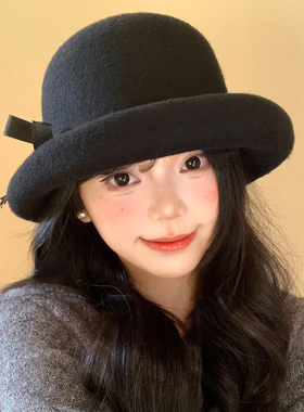 蝴蝶结水钻黑色毛呢礼帽女秋冬季法式复古优雅盆帽富家千金风帽子