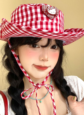 kitty猫咪红色格子渔夫帽女夏季2025新款遮阳防晒显脸小登山帽子