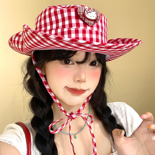kitty猫红色格子渔夫帽女夏季