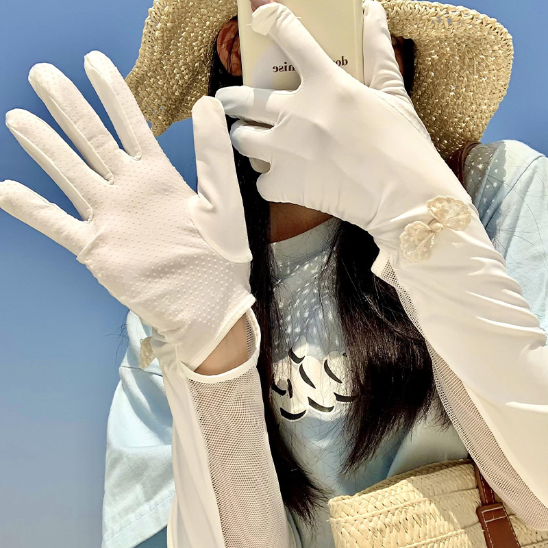 蝴蝶结防晒手套冰袖一体女夏季防紫外线薄款长款袖套电动车开车