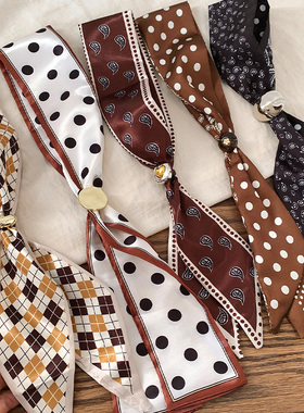 法式抽拉系脖波点菱格丝巾项链