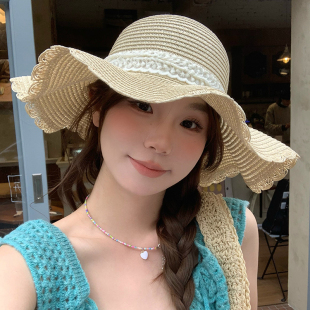 波浪边蕾丝蝴蝶结草帽女夏法式 大帽檐太阳帽海边度假遮阳防晒帽子