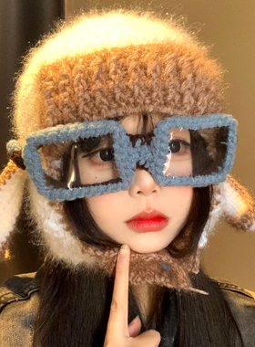 可爱小羊耳朵眼镜飞行帽子女冬季显脸小雷锋帽保暖防寒针织护耳帽