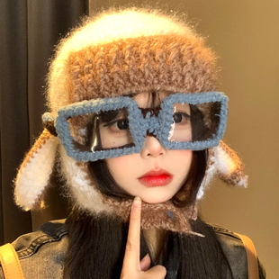 可爱小羊耳朵眼镜飞行帽子女冬季显脸小雷锋帽保暖防寒针织护耳帽