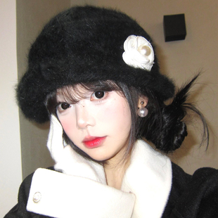 山茶花兔毛礼帽女冬季法式赫本风气质毛绒贝雷帽保暖留洋千金帽子