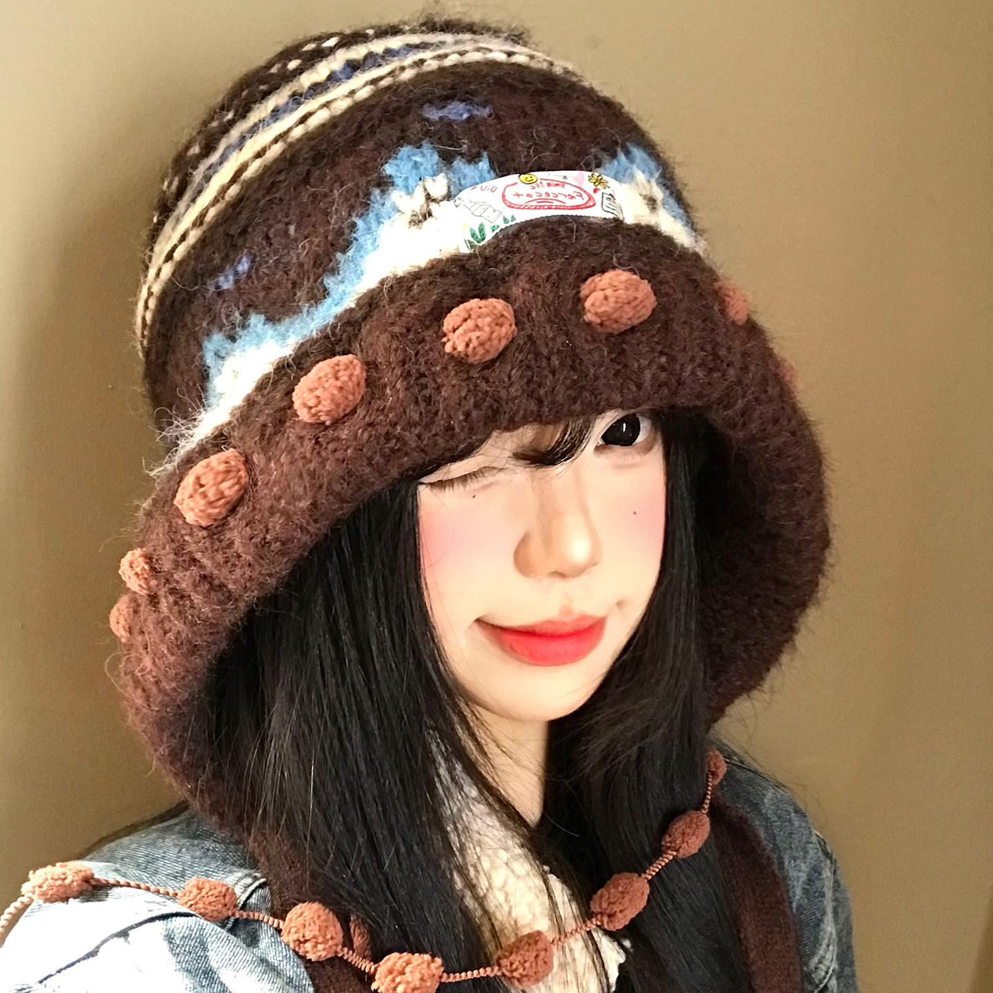 费尔岛复古提花护耳针织帽显脸小