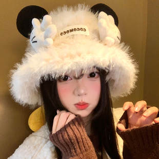 可爱米奇小手玩偶毛绒渔夫帽女秋冬季甜美显脸小保暖防寒水桶帽子