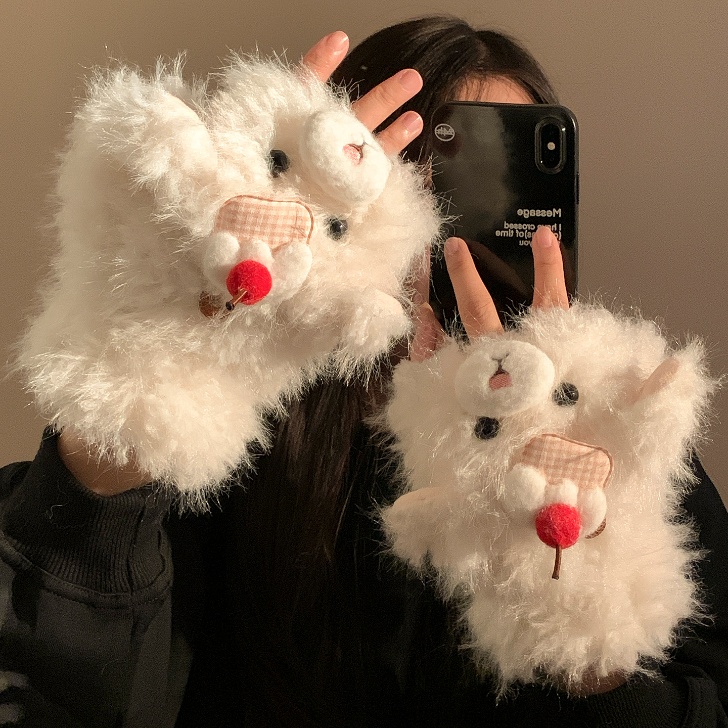 可爱蛋糕小狗翻盖半指毛绒手套女