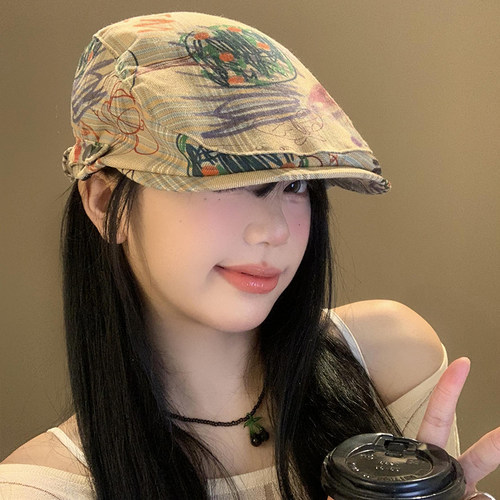 复古格纹涂鸦前进帽百搭显脸小