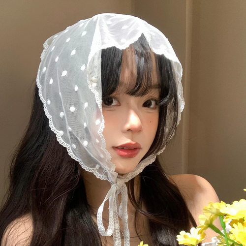 法式白色波点蕾丝头巾女夏季包头复古田园风三角巾海边沙滩发带潮