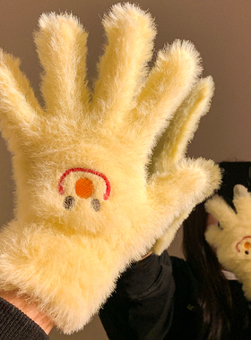 可爱黄色针织毛绒五指可触屏手套女冬季2025新款加绒加厚骑车保暖