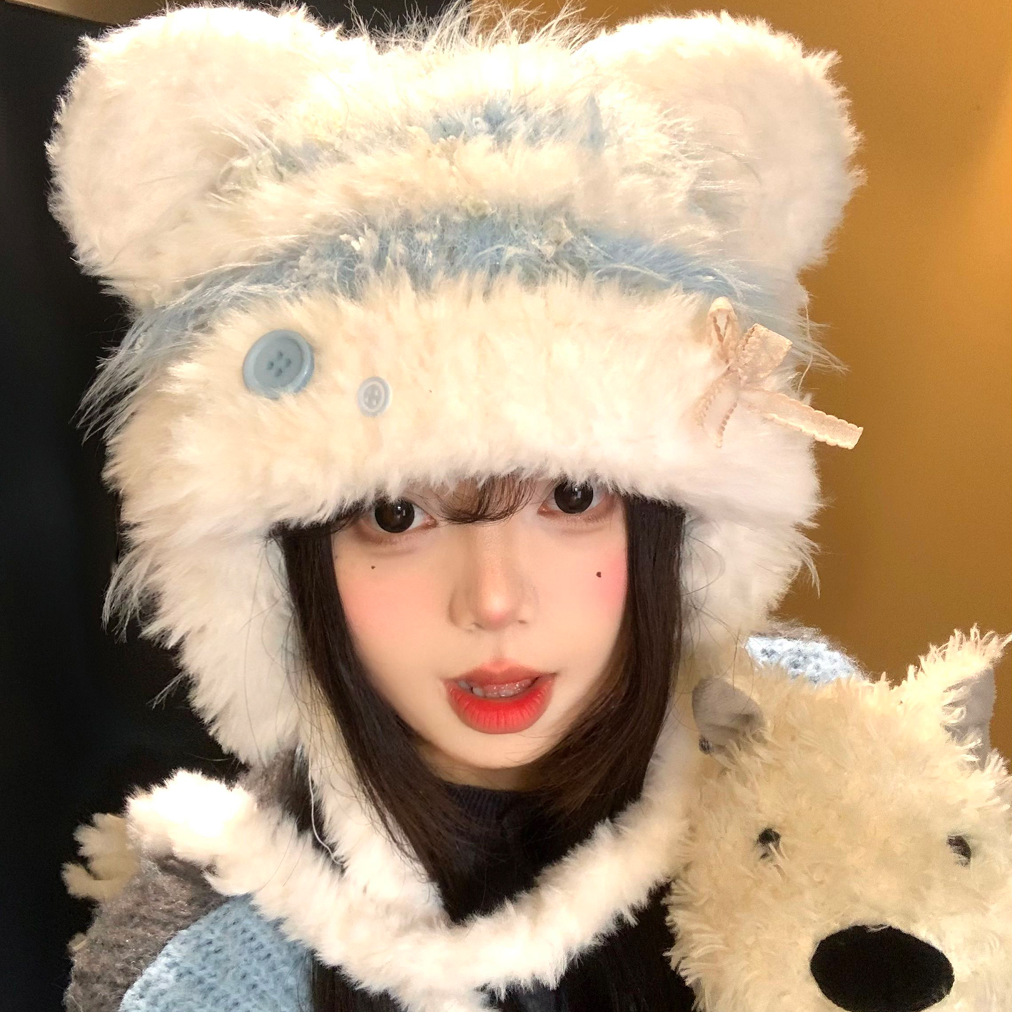 可爱猫耳朵毛绒针织帽子女秋冬季