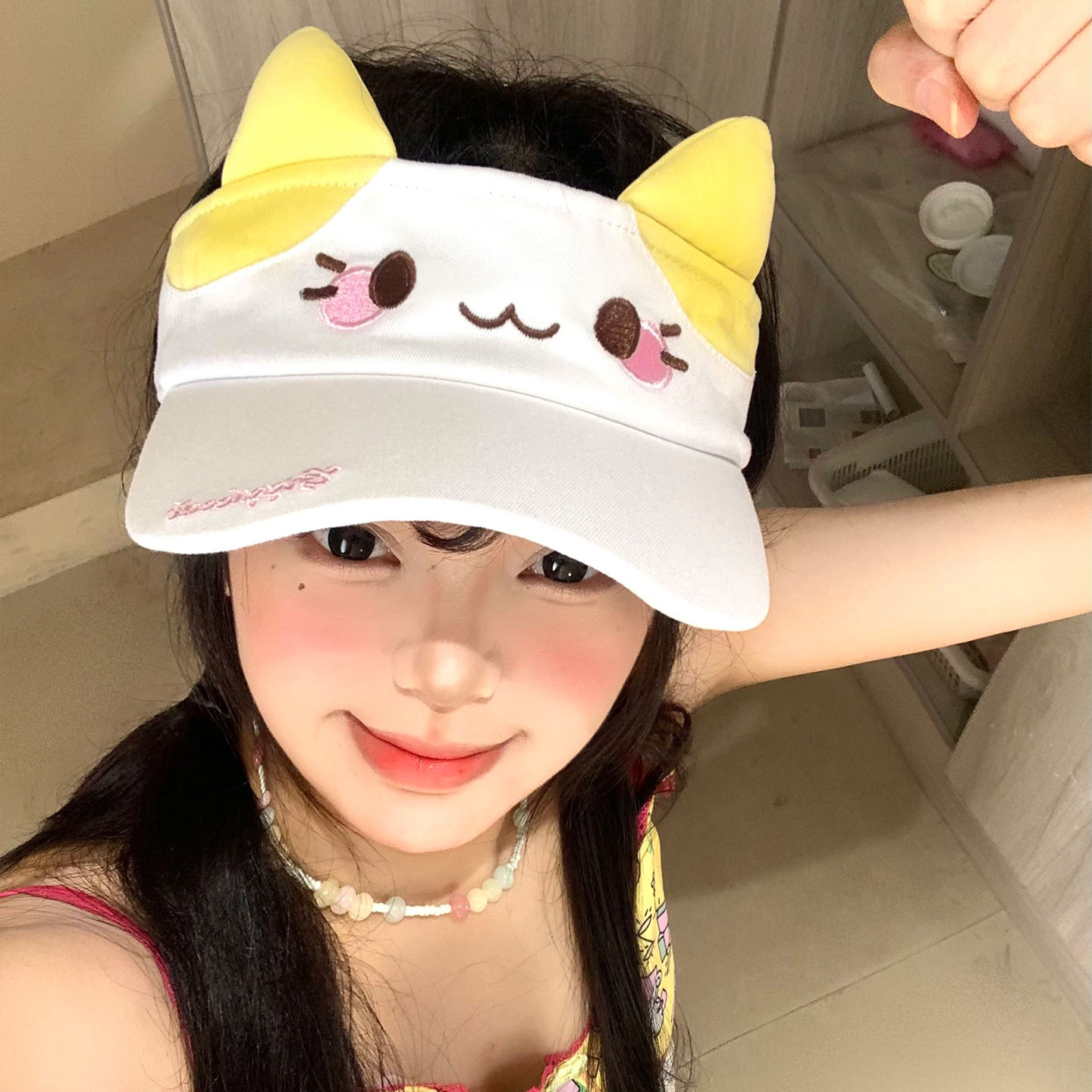 可爱卡通猫咪防晒空顶帽女夏季户外运动遮阳防晒帽显脸小太阳帽子