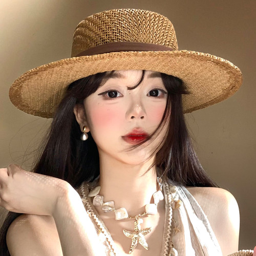 法式复古镂空平顶草帽女度假风