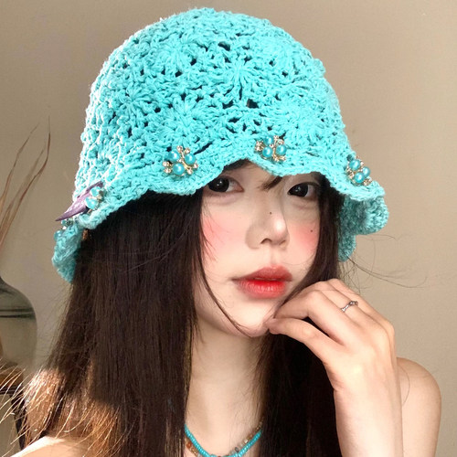 湖蓝色手工钩织镂空花朵包头帽女