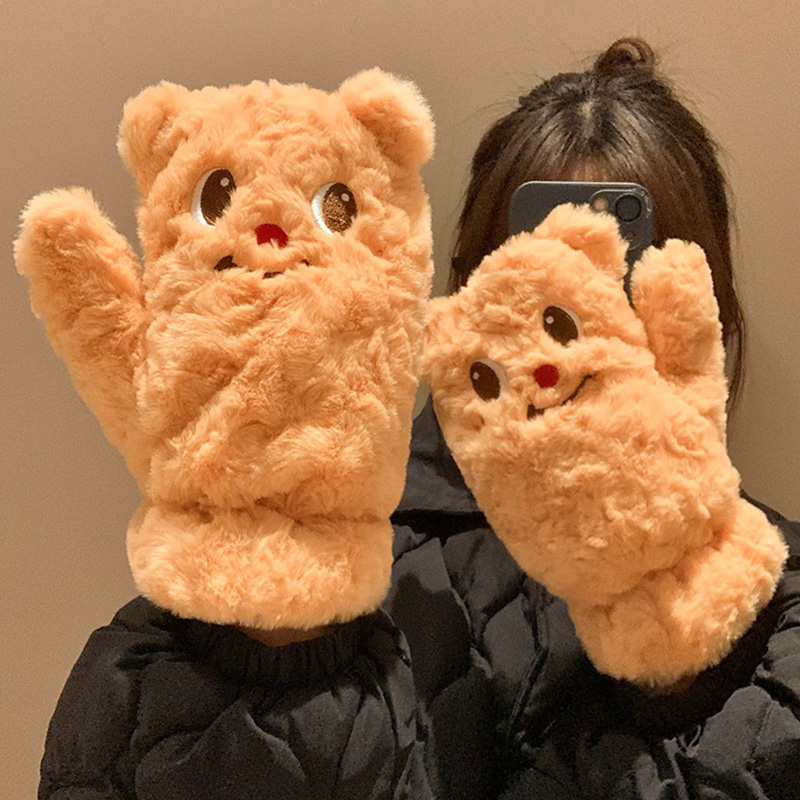 可爱黄油小熊毛绒手套女冬季保暖加厚连指全包骑车挂脖防寒学生