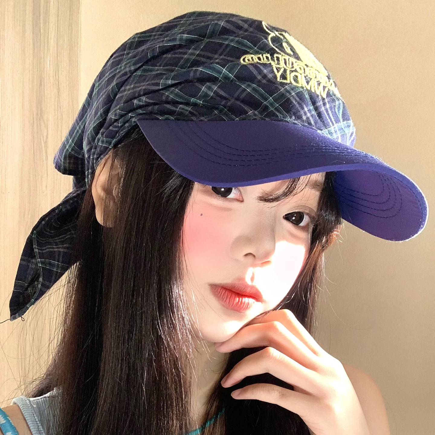 藏青格子字母刺绣绑带头巾帽子女夏季2026新款街头个性鸭舌帽子潮