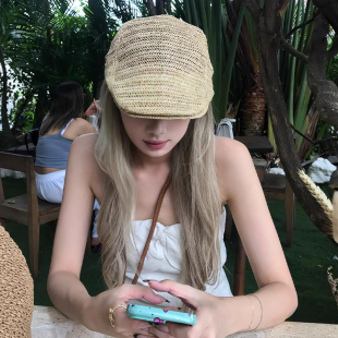 草编镂空前进帽女夏季 透气日系百搭显脸小贝雷帽海边度假鸭舌帽子