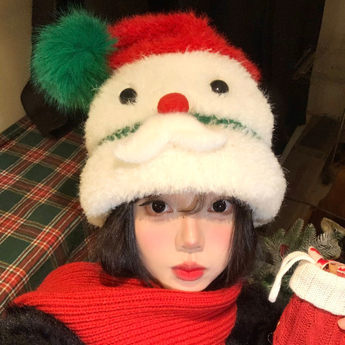 可爱圣诞老人毛绒针织帽子女冬季