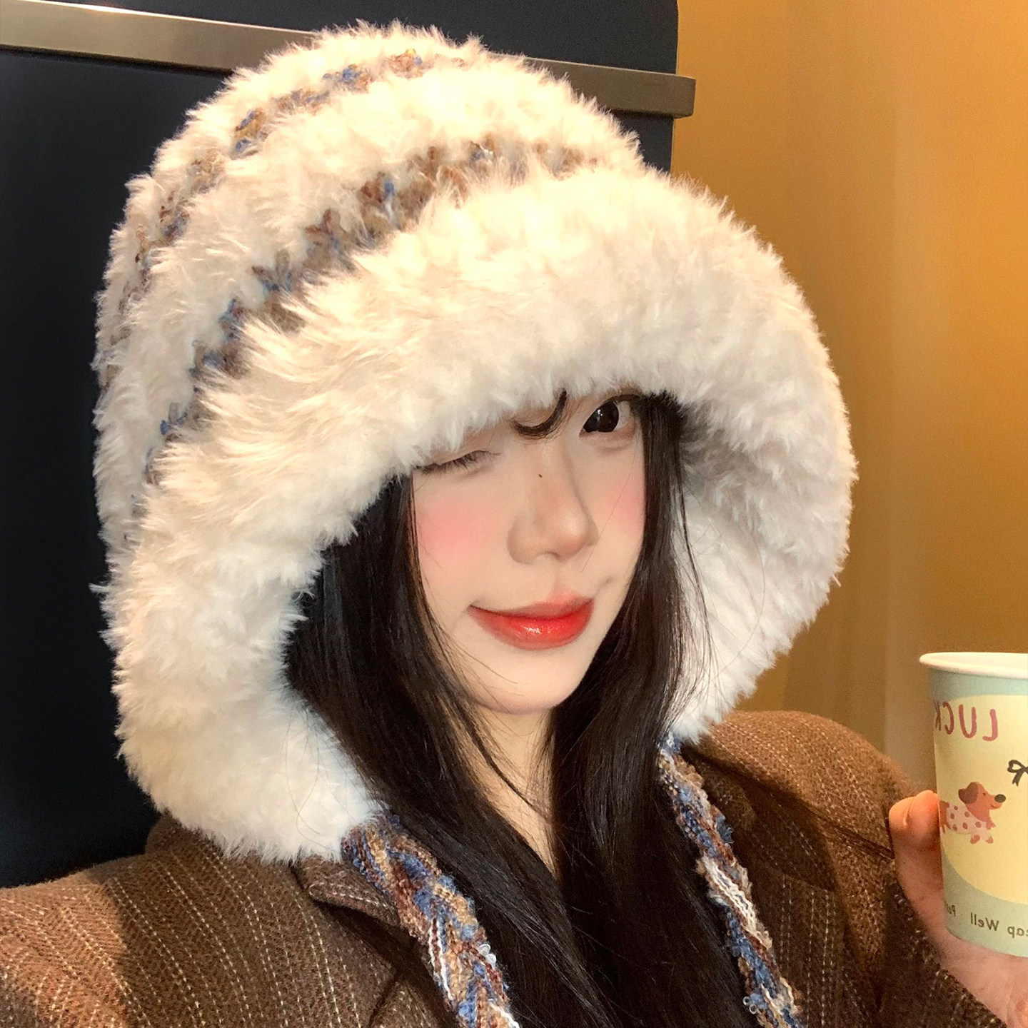 条纹毛绒针织帽女冬季韩版百搭显脸小毛线帽保暖防寒护耳雷锋帽子,服饰配件/皮带/帽子/围巾,帽子,淘宝优惠券,粉丝福利购,淘宝优惠卷