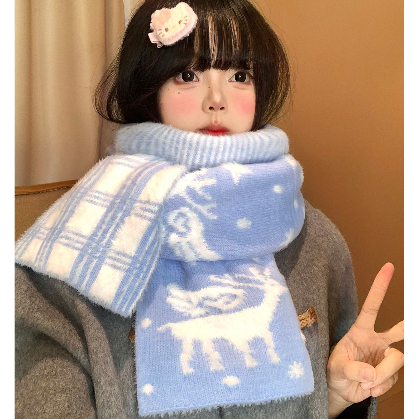 格子小鹿提花蓝色毛绒针织围巾女秋冬季可爱保暖防寒软糯护颈围脖