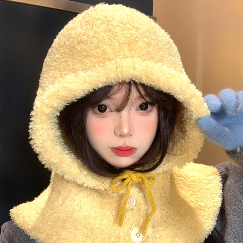 黄色毛绒针织巴拉克拉法帽女冬季