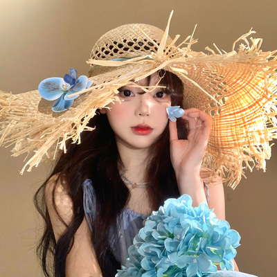 大帽檐镂空花朵拉菲草帽女夏季