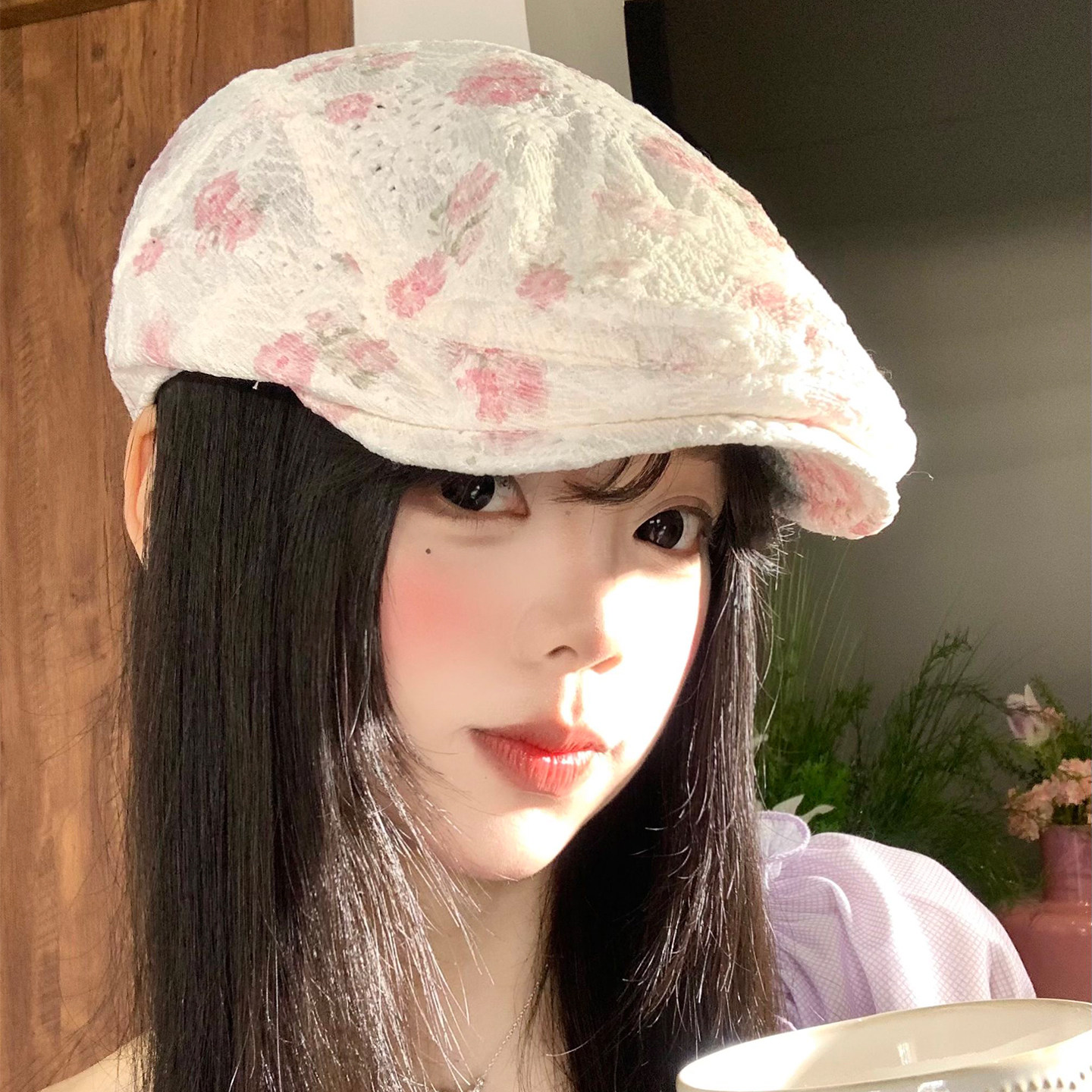 日系复甜美花朵前进帽女夏薄款透气大头围显脸小文艺画家贝雷帽子图片