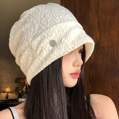 白色褶皱堆堆帽女春夏薄款显脸小
