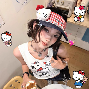 可爱格纹Kitty猫空顶防晒帽女夏季 户外出游显脸小遮阳帽太阳帽子