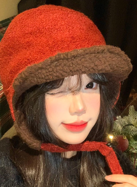 红色羊羔毛绒双面护耳雷锋帽女秋冬季显脸小加厚保暖防寒飞行帽子