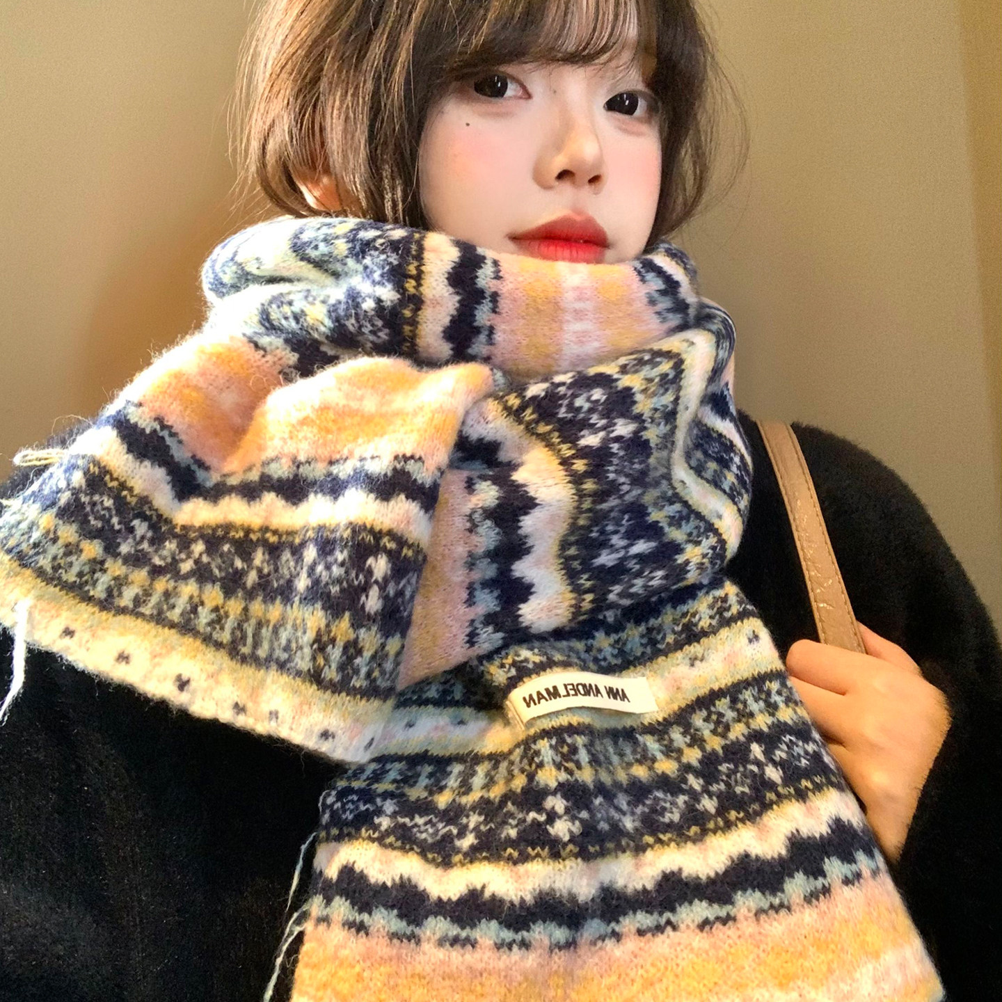 费尔岛提花针织围巾女秋冬季加厚