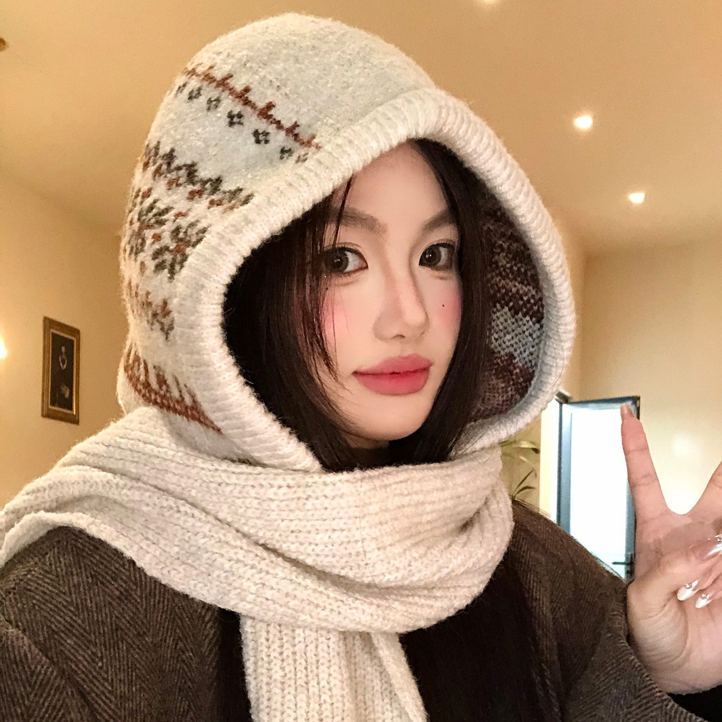 费尔岛提花针织帽子围巾一体女