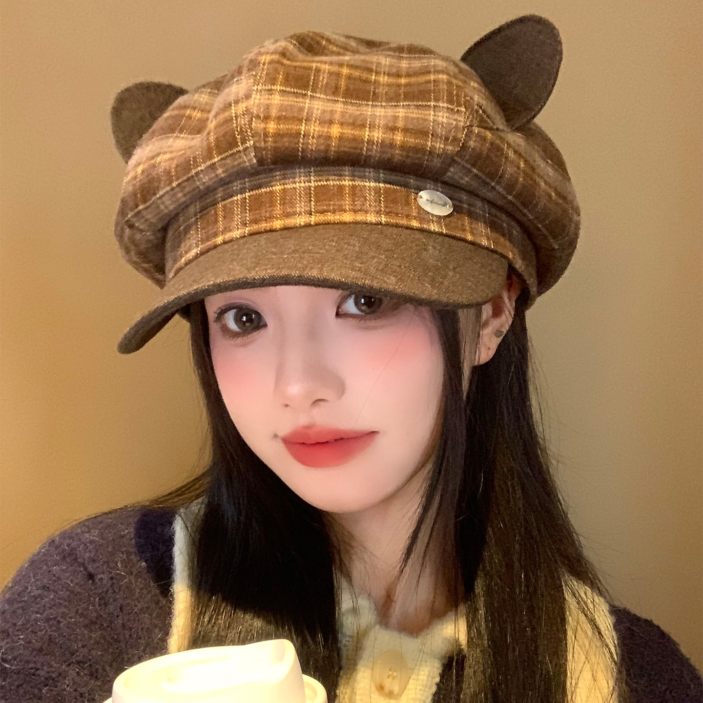 可爱格纹猫耳朵贝雷帽韩系显脸小
