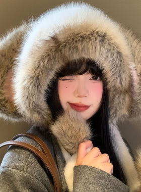 可爱兔子耳朵毛绒帽女秋冬季