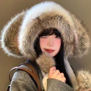 可爱兔子耳朵毛绒帽女秋冬季韩系显脸小保暖加厚防寒护耳雷锋帽子