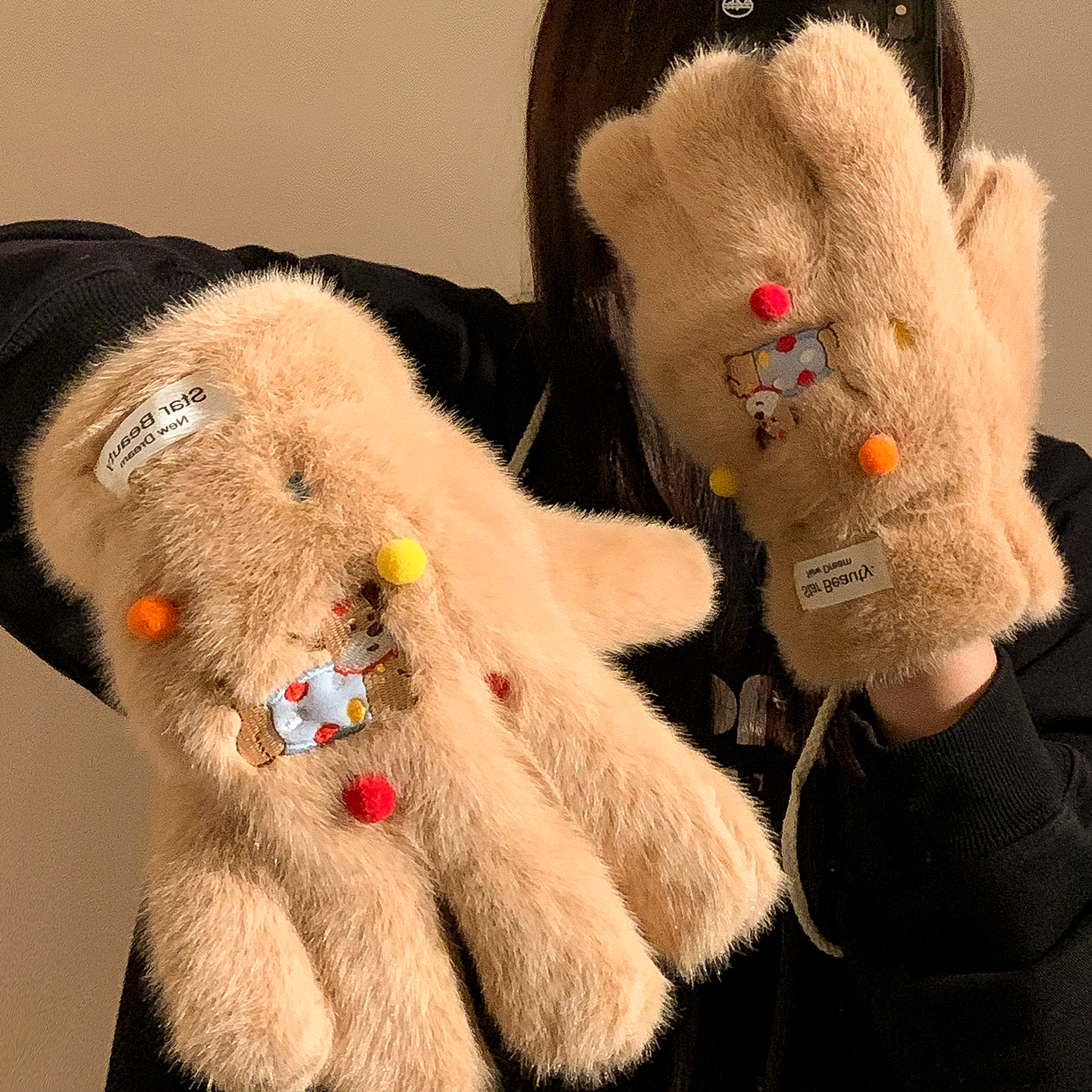 可爱糖豆腊肠狗毛绒五指手套女冬季加绒加厚保暖防寒骑行防风挂脖