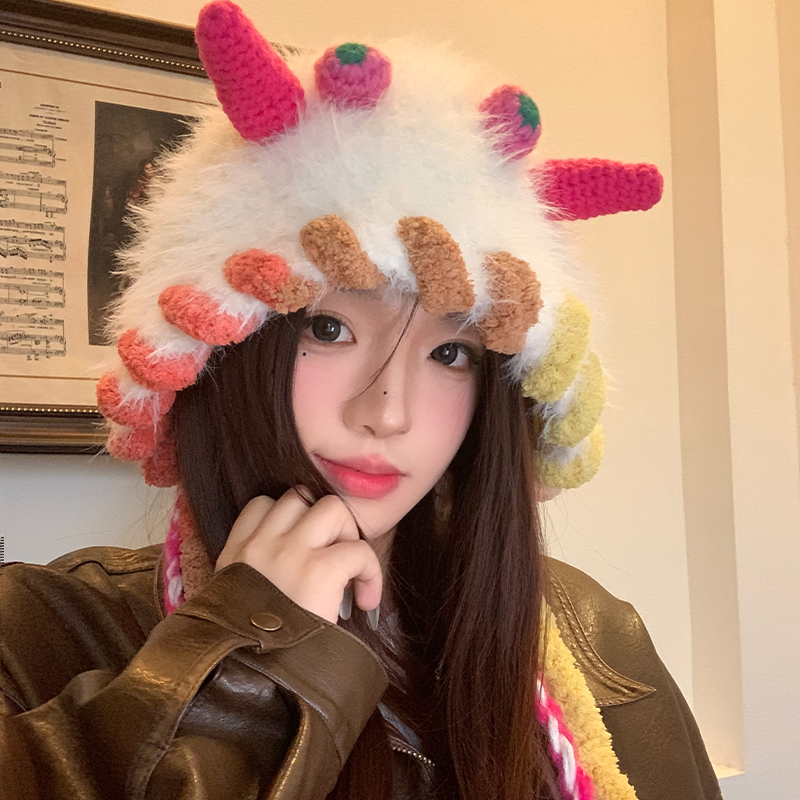 搞怪可爱小怪兽毛绒针织帽女秋冬季显脸小套头帽保暖护耳雷锋帽子