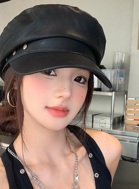 秋冬新款贝雷帽女覆古文艺大头围黑色八角帽显脸小报童画家0905z