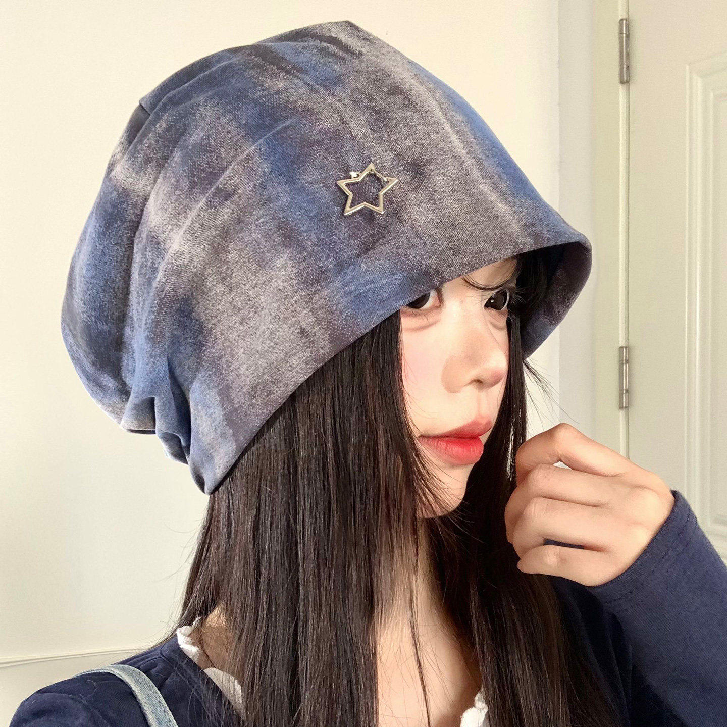 星星晕染堆堆帽女春秋韩版复古显脸小包头帽大头围宽松百搭冷帽子
