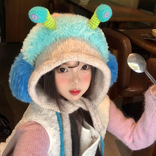 搞怪小怪兽毛绒针织护耳帽女秋冬