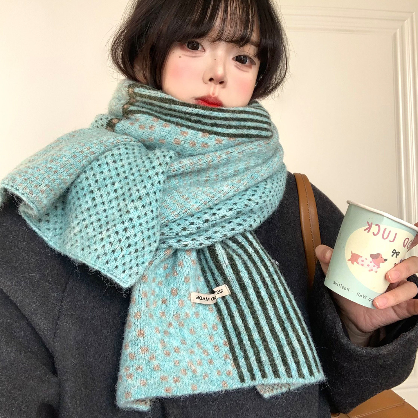 条纹波点拼接针织围巾女秋冬韩系氛围感加厚保暖防寒软糯护颈围脖