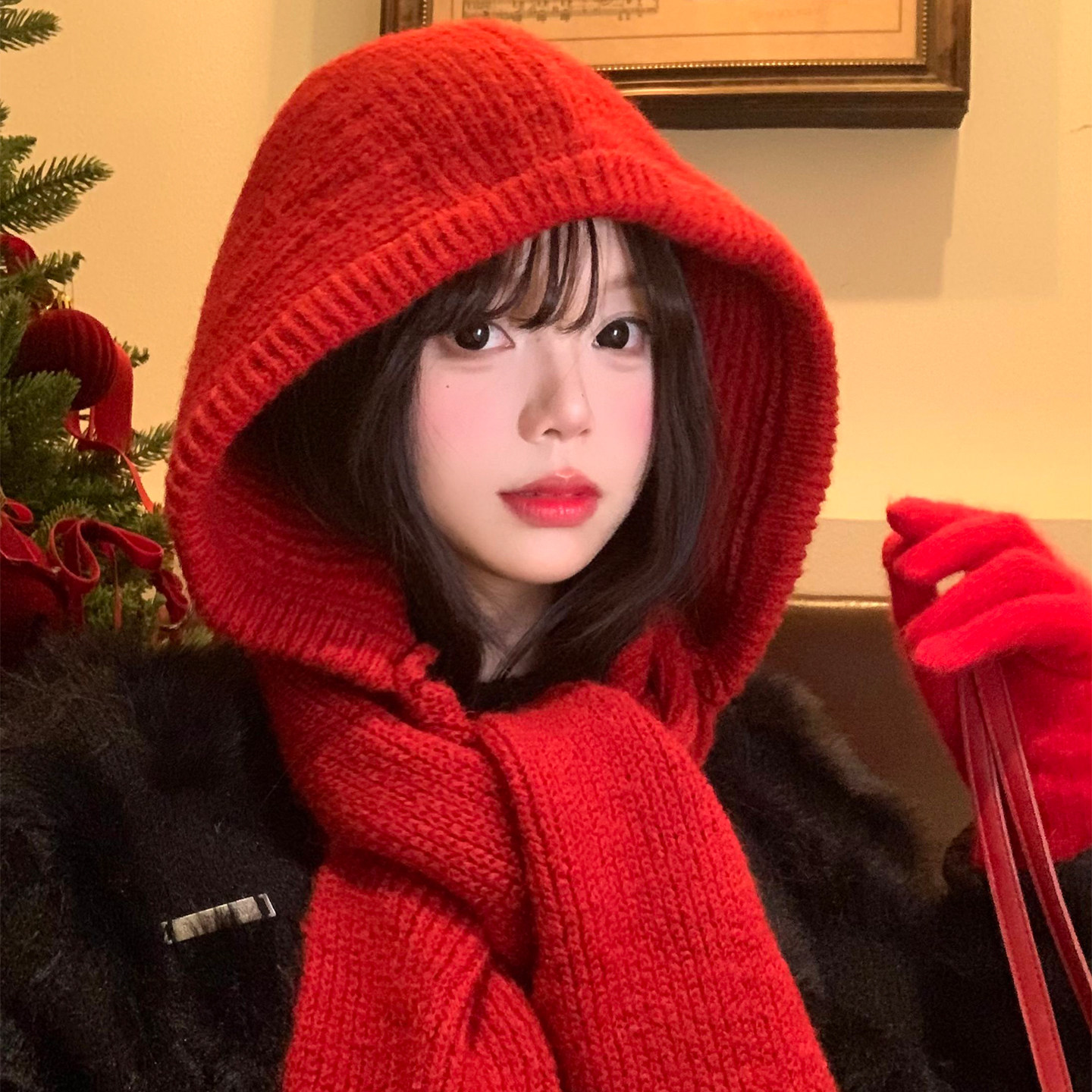 红色帽子围巾一体女秋冬季保暖防寒针织毛线巴拉克拉法帽连帽围脖