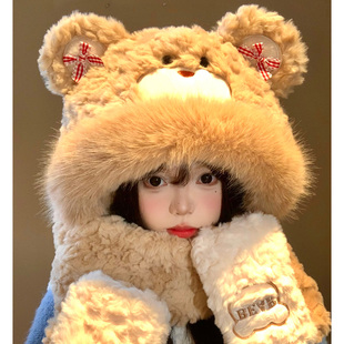 蝴蝶结小熊耳朵毛绒帽子围巾一体女秋冬季加绒加厚保暖手套三件套