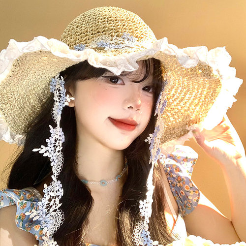 花朵蕾丝边草帽女夏季海边度假