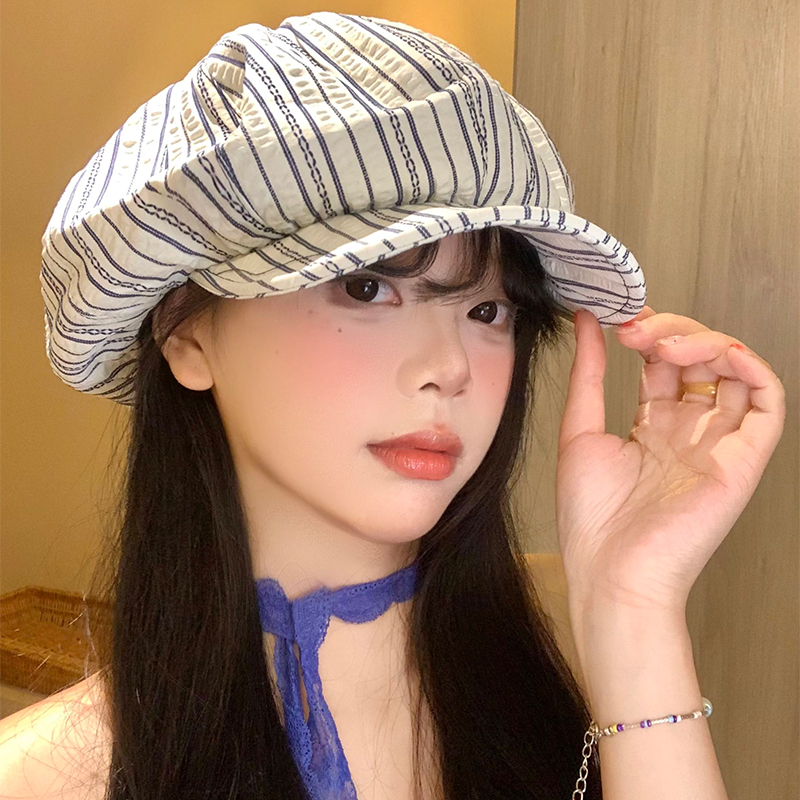 秋冬新款条纹贝雷帽女款韩版百搭显脸小云朵八角帽大0906z