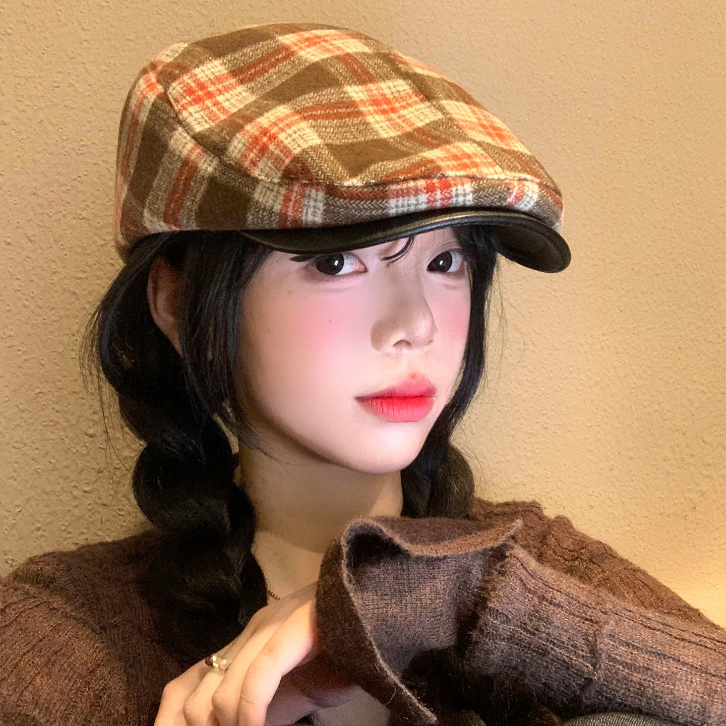 复古格纹前进帽女日系百搭显脸小
