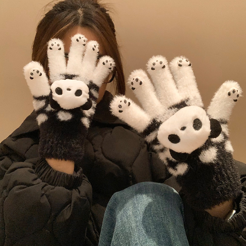 可爱立体熊猫毛绒分指针织手套