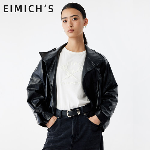 Eimich＇s/艾蜜雪复古酷飒风黑色立领皮衣女夹克外套